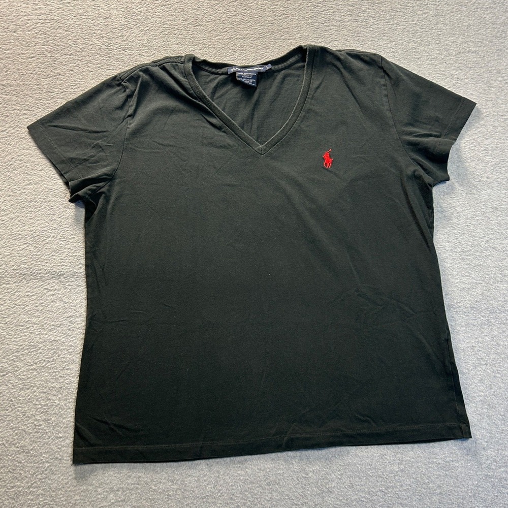 Ralph Lauren Sport V-Neck T-Shirt Womens Large Black Red Pony Logo 100% Cotton